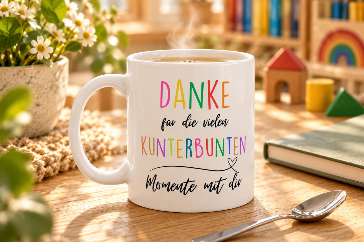 Weiße Keramiktasse mit Spruch „Kunterbunte Momente“ als Geschenk für Erzieher im Kindergarten, 300 ml, Ansicht 3 | Pädagogikkram