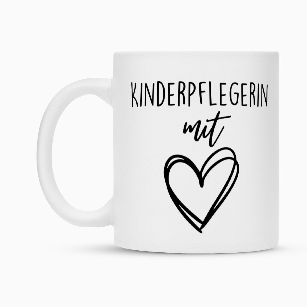 Weiße Keramiktasse mit Spruch „Kinderpflegerin mit Herz“ als Geschenk für Erzieher im Kindergarten, 300 ml | Pädagogikkram