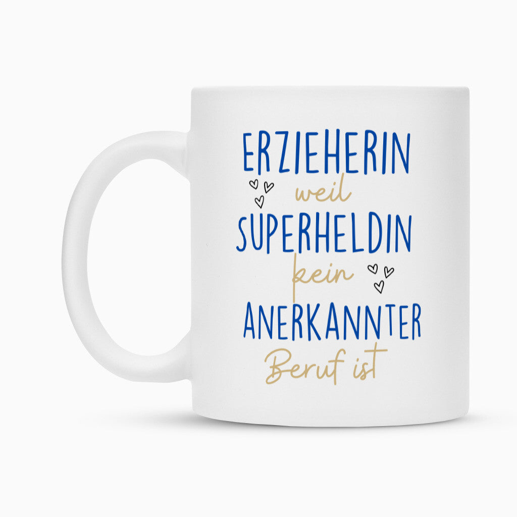 Weiße Keramiktasse mit Spruch „Superheldin“ als Geschenk für Erzieher im Kindergarten, 300 ml | Pädagogikkram
