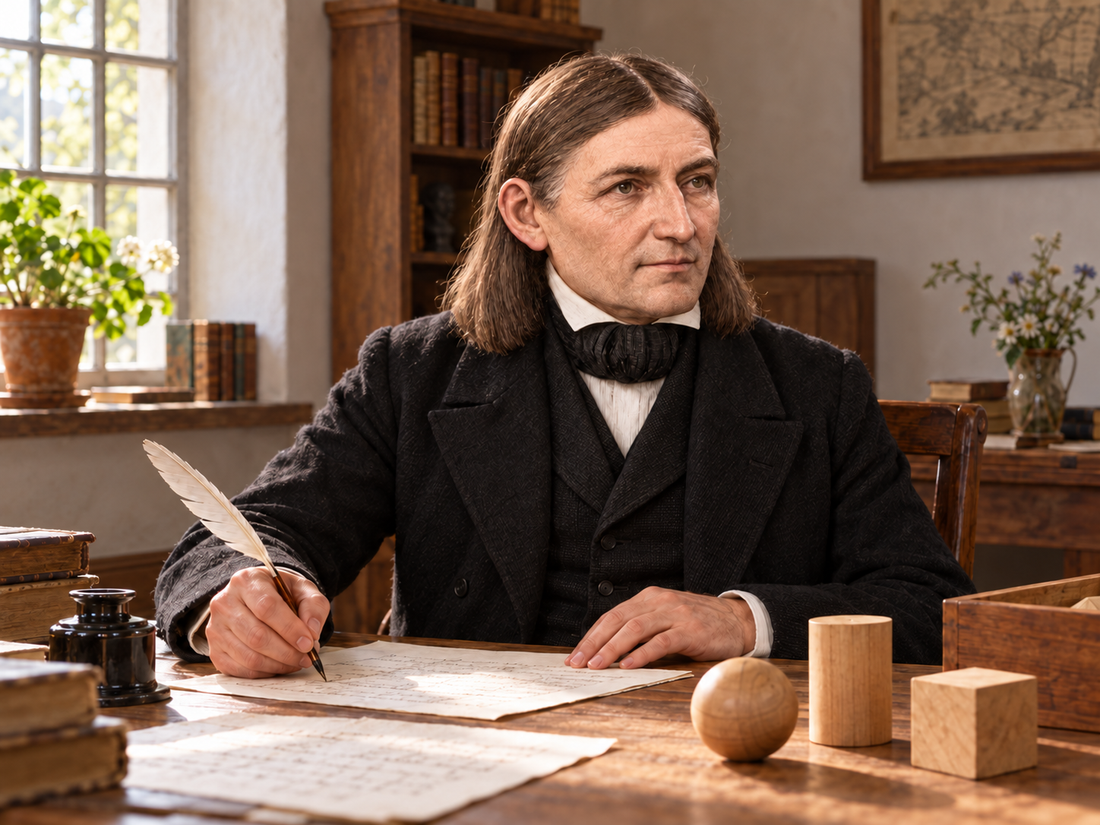 Rekonstruktion Friedrich Fröbels um 1840 nach einem historischen Porträt, mit Schreibfeder und Holzspielgaben