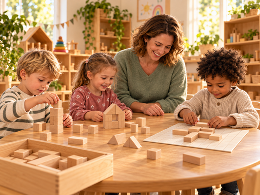 Drei Kinder bauen mit geometrischen Holzbausteinen, während eine Erzieherin sie begleitet.