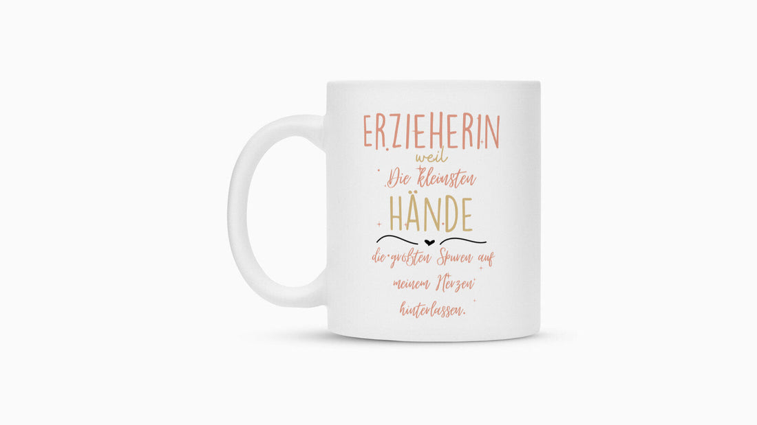 Weiße Tasse mit Spruch für die Erzieherin als Abschiedsgeschenk zum Ende der Kindergartenzeit