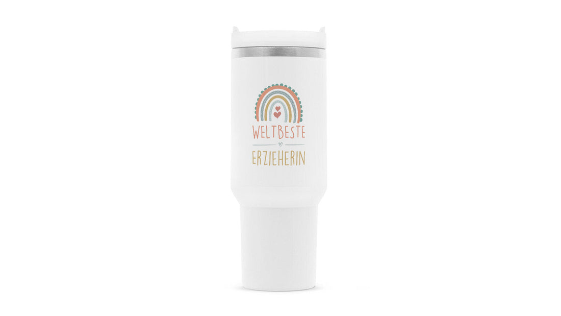 Weißer Thermobecher „Weltbeste Erzieherin“ mit Regenbogen als gemeinsames Geschenk der Elterngruppe