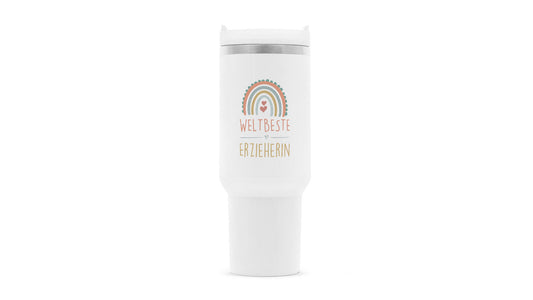 Weißer Thermobecher „Weltbeste Erzieherin“ mit Regenbogen als gemeinsames Geschenk der Elterngruppe