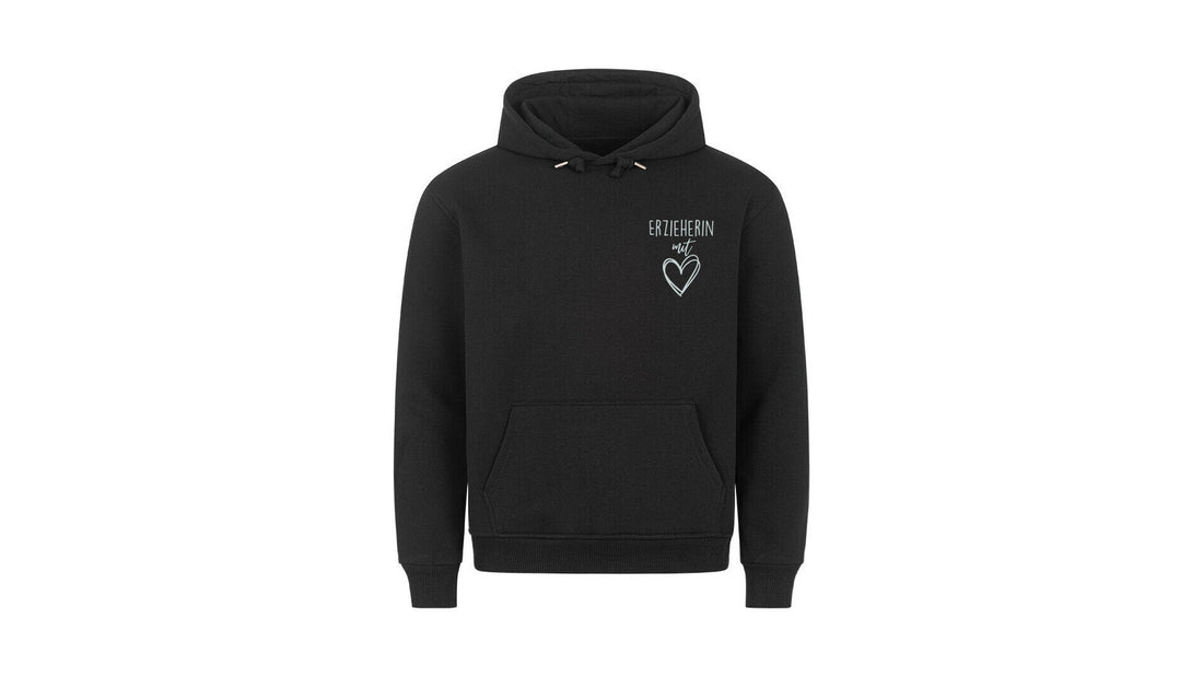 Schwarzer Hoodie „Erzieherin mit Herz“ als Weihnachtsgeschenk für die Erzieherin von der ganzen Gruppe