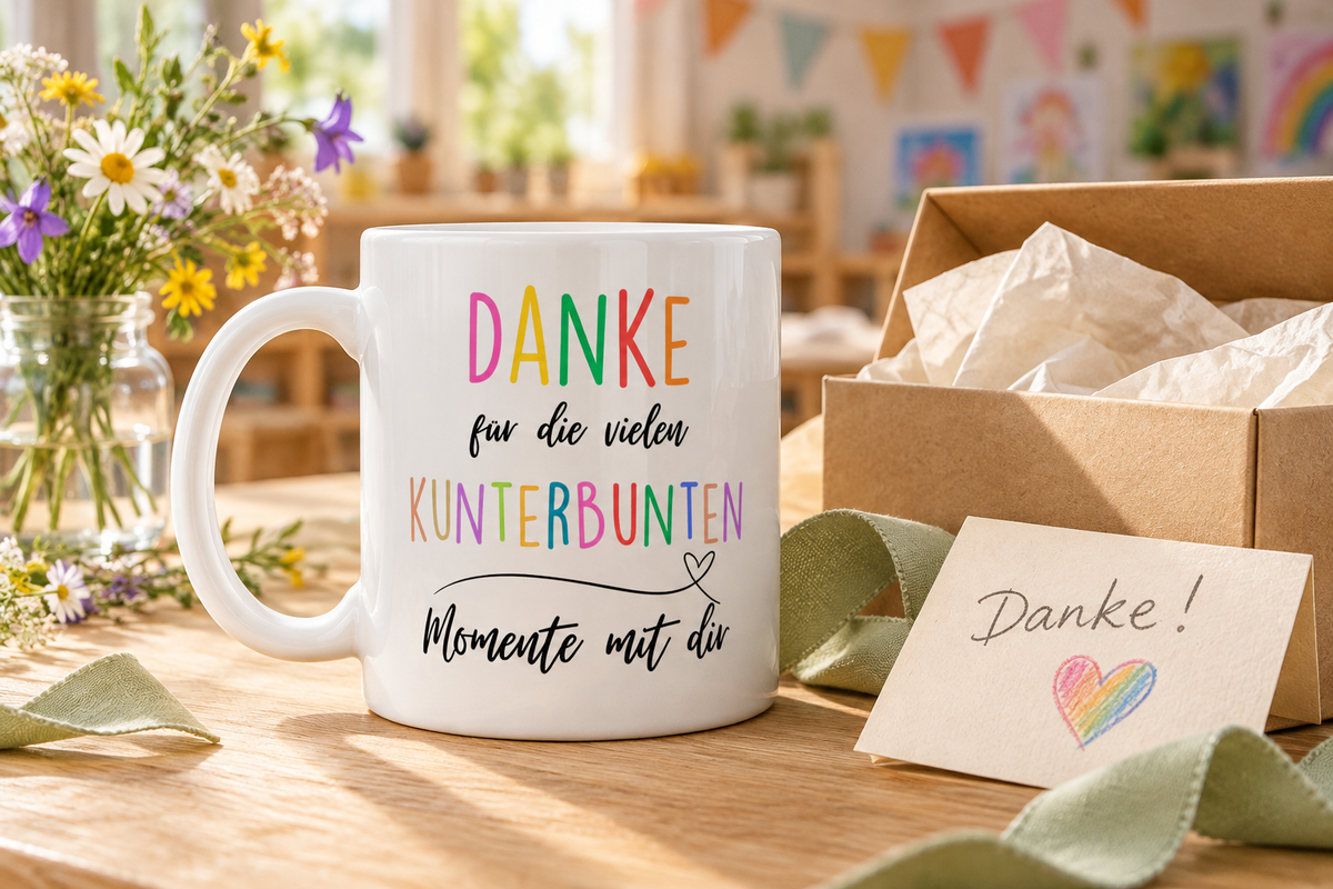 Weiße Keramiktasse mit Spruch „Kunterbunte Momente“ als Geschenk für Erzieher im Kindergarten, 300 ml, Ansicht 2 | Pädagogikkram