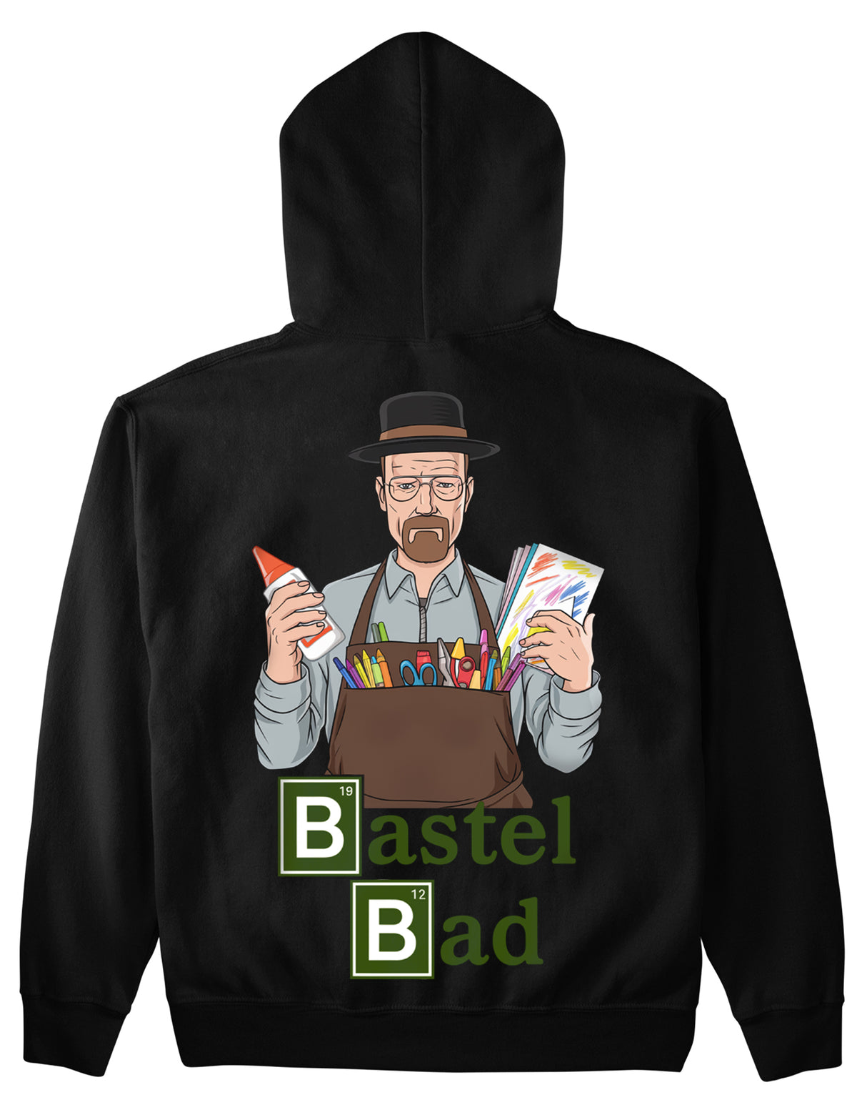 Hoodie mit Rückendruck und Spruch „Bastel Bad“ für Erzieherinnen und Erzieher, Kindergarten-Hoodie | Pädagogikkram