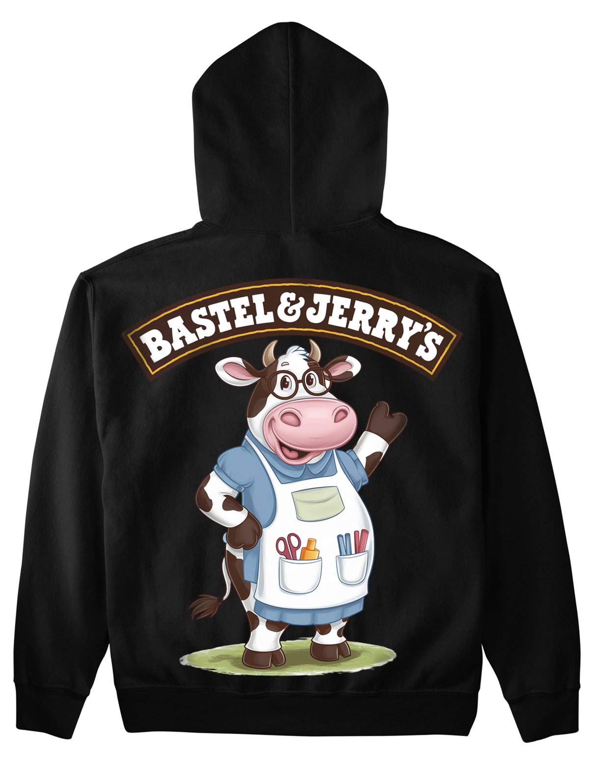Hoodie mit Rückendruck und Spruch „Bastel & Jerrys“ für Erzieherinnen und Erzieher, Kindergarten-Hoodie | Pädagogikkram