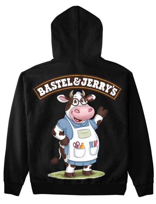 Hoodie mit Rückendruck und Spruch „Bastel & Jerrys“ für Erzieherinnen und Erzieher, Kindergarten-Hoodie | Pädagogikkram