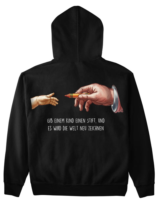 Hoodie mit Rückendruck und Spruch „Die Welt“ für Erzieherinnen und Erzieher, Kindergarten-Hoodie | Pädagogikkram