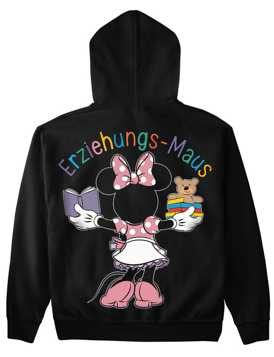 Hoodie mit Rückendruck und Spruch „Erziehungs-Maus 2“ für Erzieherinnen und Erzieher, Kindergarten-Hoodie | Pädagogikkram