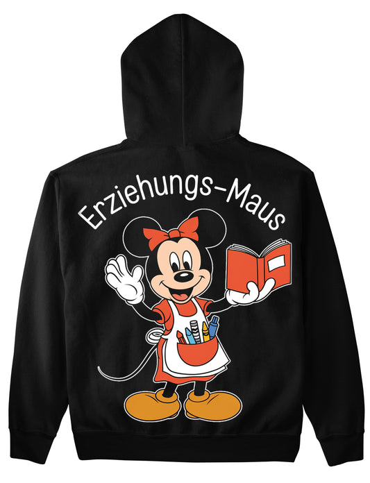Hoodie mit Rückendruck und Spruch „Erziehungs-Maus“ für Erzieherinnen und Erzieher, Kindergarten-Hoodie | Pädagogikkram