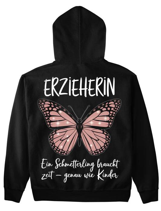 Hoodie mit Rückendruck und Spruch „Schmetterling“ für Erzieherinnen und Erzieher, Kindergarten-Hoodie | Pädagogikkram