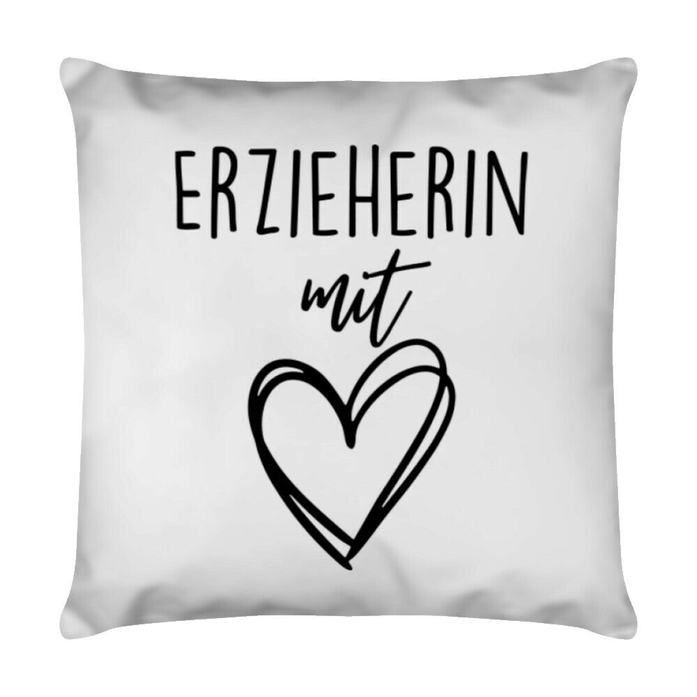 Weißes Kissen 40 x 40 cm mit Spruch „Erzieherin mit Herz“ als Geschenk für Erzieher im Kindergarten | Pädagogikkram