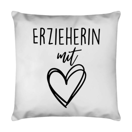 Weißes Kissen 40 x 40 cm mit Spruch „Erzieherin mit Herz“ als Geschenk für Erzieher im Kindergarten | Pädagogikkram