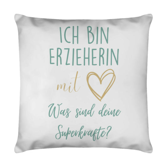 Weißes Kissen 40 x 40 cm mit Spruch „Superkraft“ als Geschenk für Erzieher im Kindergarten | Pädagogikkram
