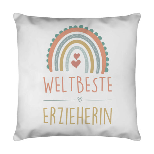 Weißes Kissen 40 x 40 cm mit Spruch „Weltbeste Erzieherin“ als Geschenk für Erzieher im Kindergarten | Pädagogikkram