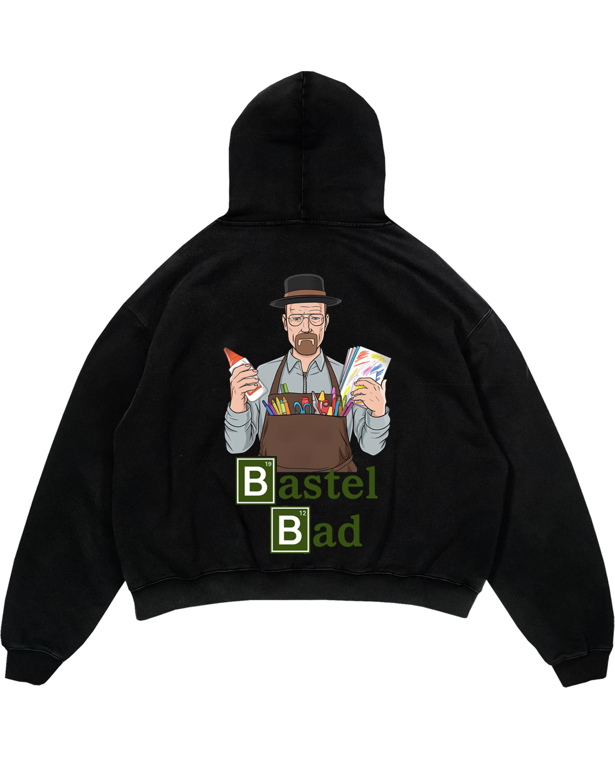 Oversized Hoodie mit Rückendruck und Spruch „Bastel Bad“ für Erzieherinnen und Erzieher, Kindergarten-Hoodie | Pädagogikkram