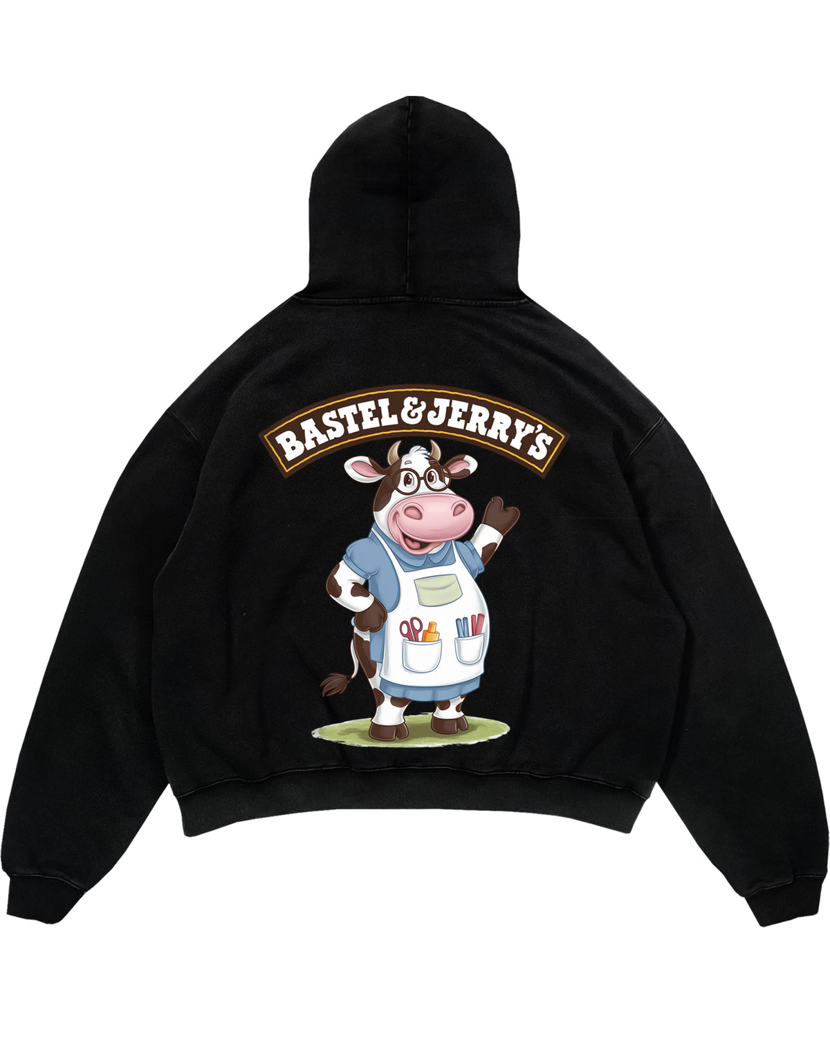 Oversized Hoodie mit Rückendruck und Spruch „Bastel & Jerrys“ für Erzieherinnen und Erzieher, Kindergarten-Hoodie | Pädagogikkram