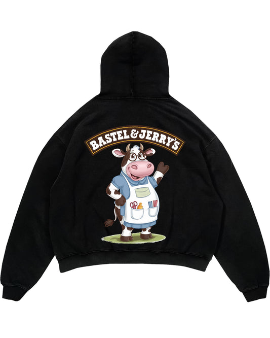 Oversized Hoodie mit Rückendruck und Spruch „Bastel & Jerrys“ für Erzieherinnen und Erzieher, Kindergarten-Hoodie | Pädagogikkram