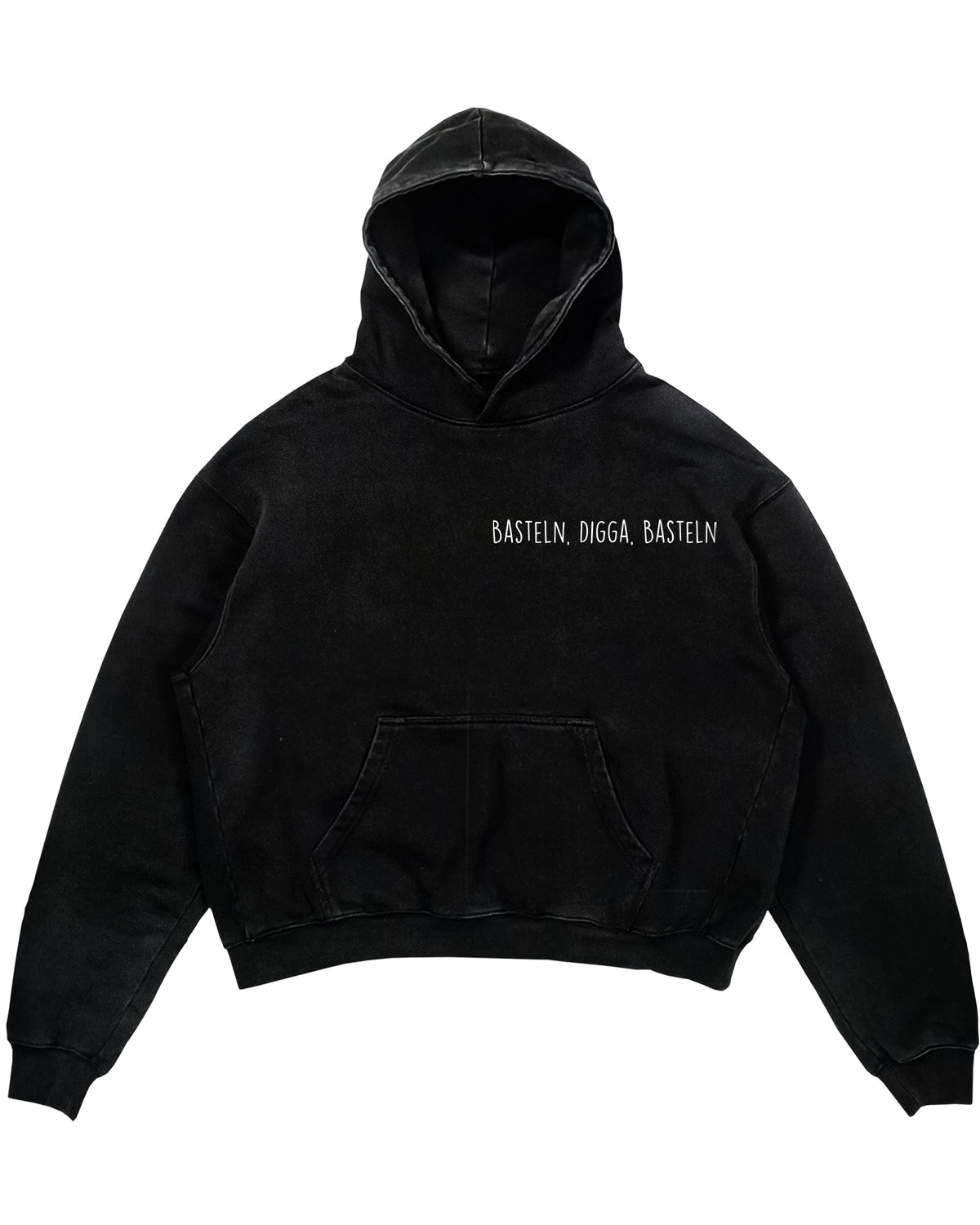 Oversized Hoodie mit kleinem Brustdruck und Spruch „Basteln, Digga, Basteln“ für Erzieherinnen und Erzieher, Kindergarten-Hoodie | Pädagogikkram