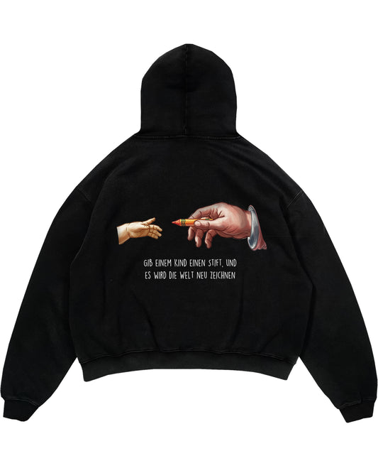 Oversized Hoodie mit Rückendruck und Spruch „Die Welt“ für Erzieherinnen und Erzieher, Kindergarten-Hoodie | Pädagogikkram