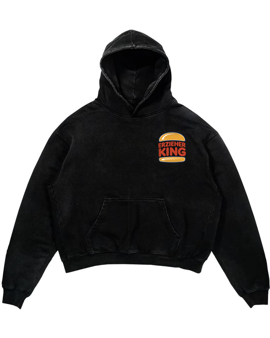 Oversized Hoodie mit kleinem Brustdruck und Spruch „Erzieher King“ für Erzieherinnen und Erzieher, Kindergarten-Hoodie | Pädagogikkram