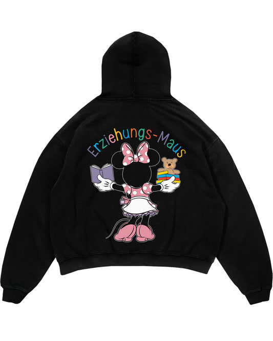 Oversized Hoodie mit Rückendruck und Spruch „Erziehungs-Maus 2“ für Erzieherinnen und Erzieher, Kindergarten-Hoodie | Pädagogikkram