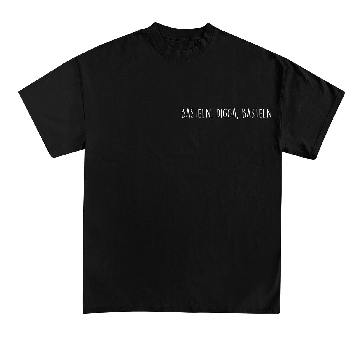 T-Shirt mit kleinem Brustdruck und Spruch „Basteln, Digga, Basteln“ für Erzieherinnen und Erzieher | Pädagogikkram