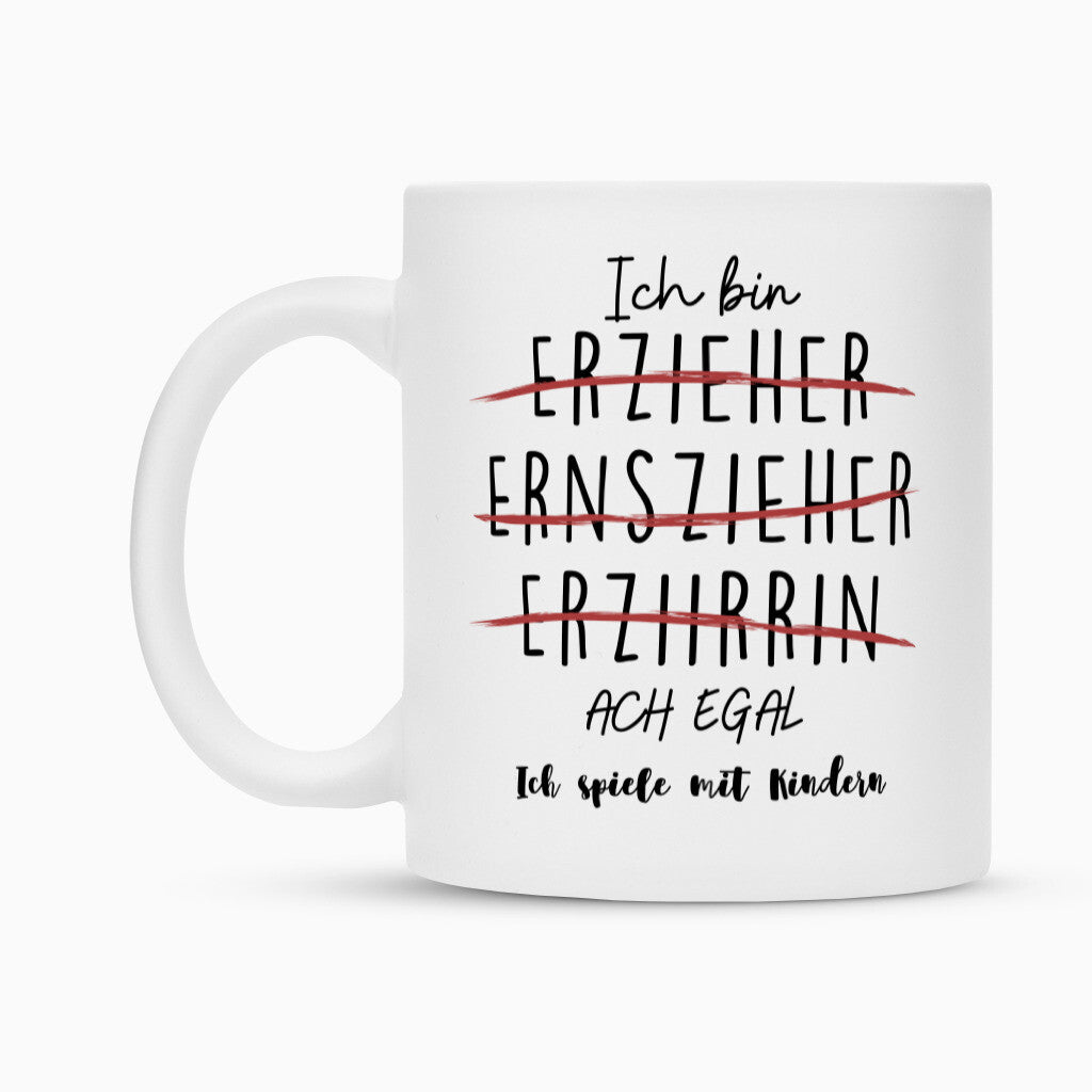 Weiße Keramiktasse mit Spruch „Ach egal“ als Geschenk für Erzieher im Kindergarten, 300 ml | Pädagogikkram