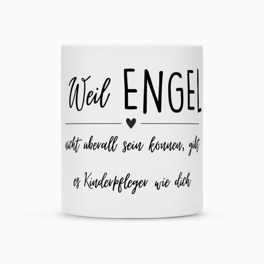 Weiße Keramiktasse mit Spruch „Engel Kinderpfleger“ als Geschenk für Erzieher im Kindergarten, 300 ml | Pädagogikkram
