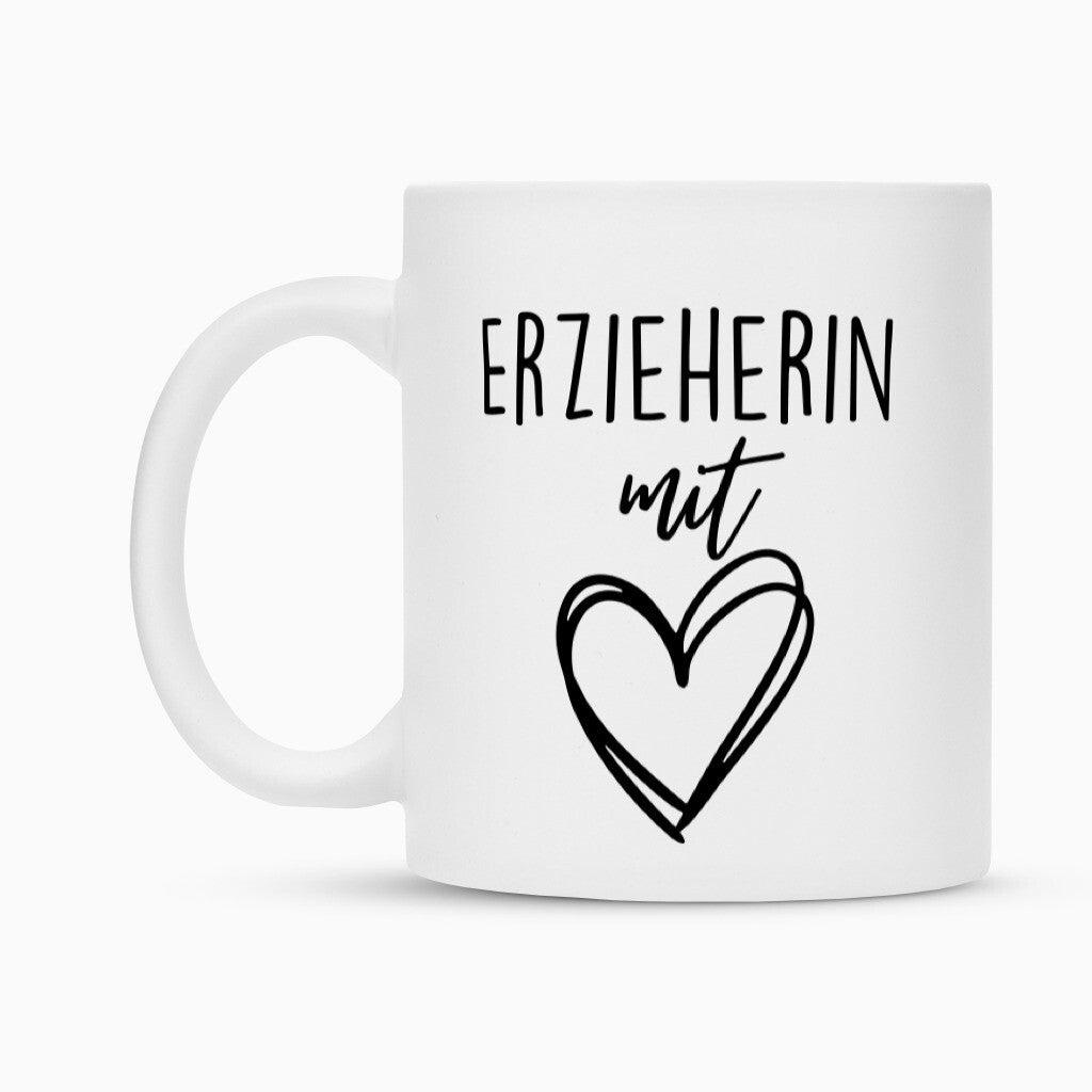 Weiße Keramiktasse mit Spruch „Erzieherin mit Herz“ als Geschenk für Erzieher im Kindergarten, 300 ml | Pädagogikkram
