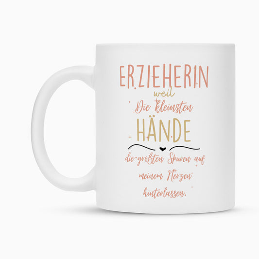 Weiße Keramiktasse mit Spruch „Hände“ als Geschenk für Erzieher im Kindergarten, 300 ml | Pädagogikkram