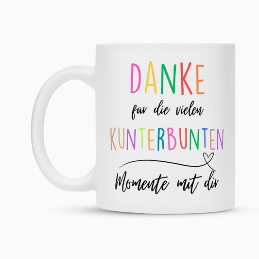 Weiße Keramiktasse mit Spruch „Kunterbunte Momente“ als Geschenk für Erzieher im Kindergarten, 300 ml | Pädagogikkram