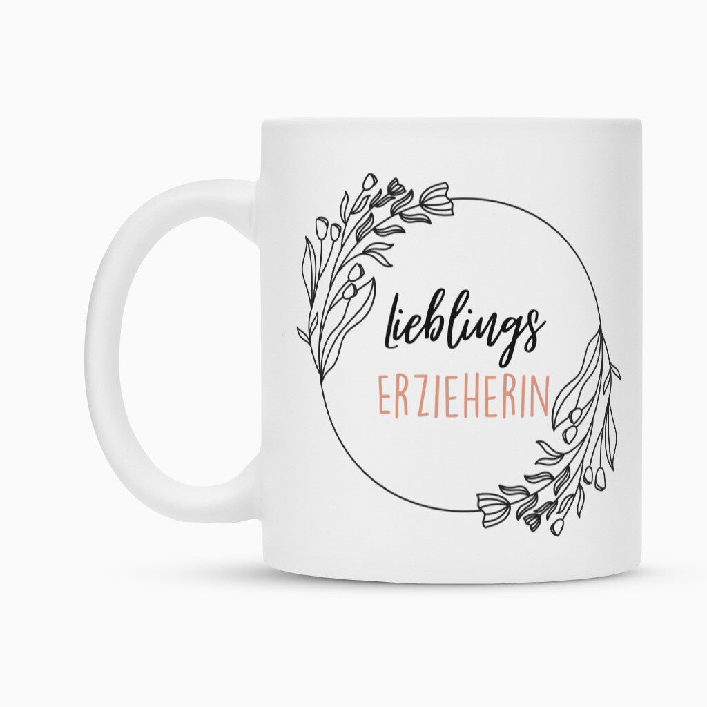 Weiße Keramiktasse mit Spruch „Lieblingserzieherin“ als Geschenk für Erzieher im Kindergarten, 300 ml | Pädagogikkram