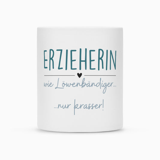 Weiße Keramiktasse mit Spruch „Löwenbändiger“ als Geschenk für Erzieher im Kindergarten, 300 ml | Pädagogikkram