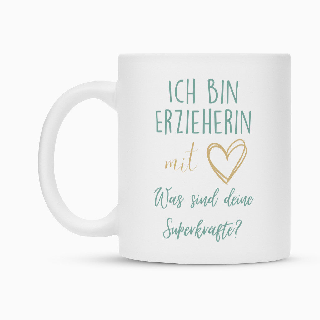 Weiße Keramiktasse mit Spruch „Superkraft“ als Geschenk für Erzieher im Kindergarten, 300 ml | Pädagogikkram