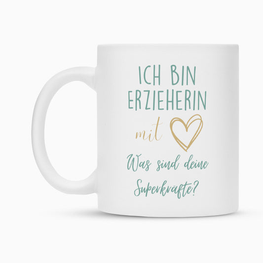 Weiße Keramiktasse mit Spruch „Superkraft“ als Geschenk für Erzieher im Kindergarten, 300 ml | Pädagogikkram