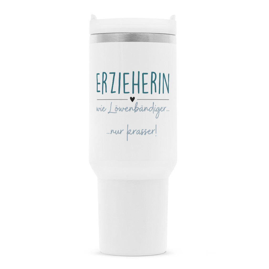 Thermobecher 1,2 l mit Strohhalm und Spruch „Löwenbändiger“ für Erzieherinnen und Erzieher | Pädagogikkram