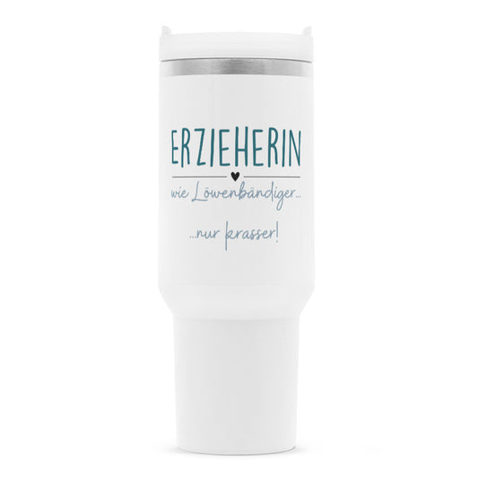 Thermobecher 1,2 l mit Strohhalm und Spruch „Löwenbändiger“ für Erzieherinnen und Erzieher | Pädagogikkram