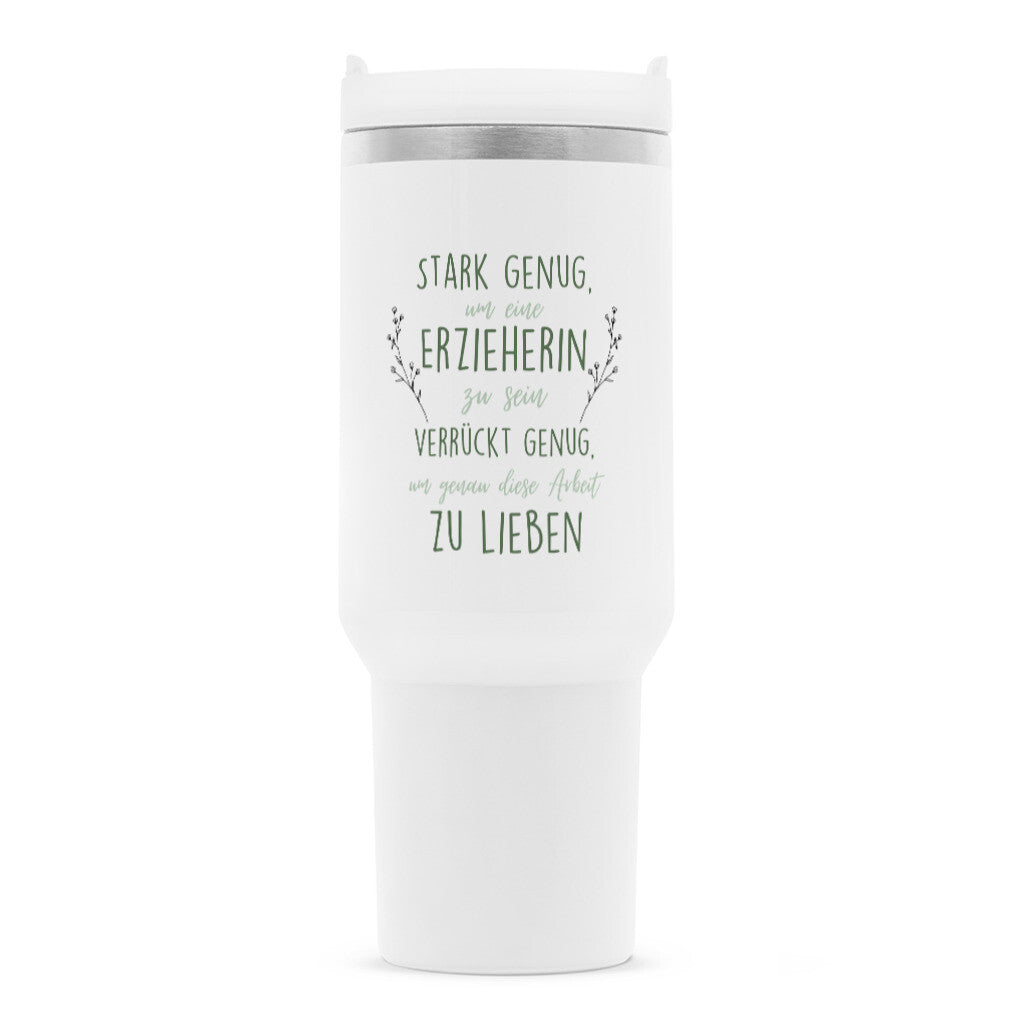 Thermobecher 1,2 l mit Strohhalm und Spruch „Verrückt“ für Erzieherinnen und Erzieher | Pädagogikkram