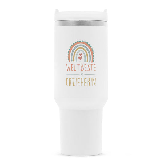Thermobecher 1,2 l mit Strohhalm und Spruch „Weltbeste Erzieherin“ für Erzieherinnen und Erzieher | Pädagogikkram