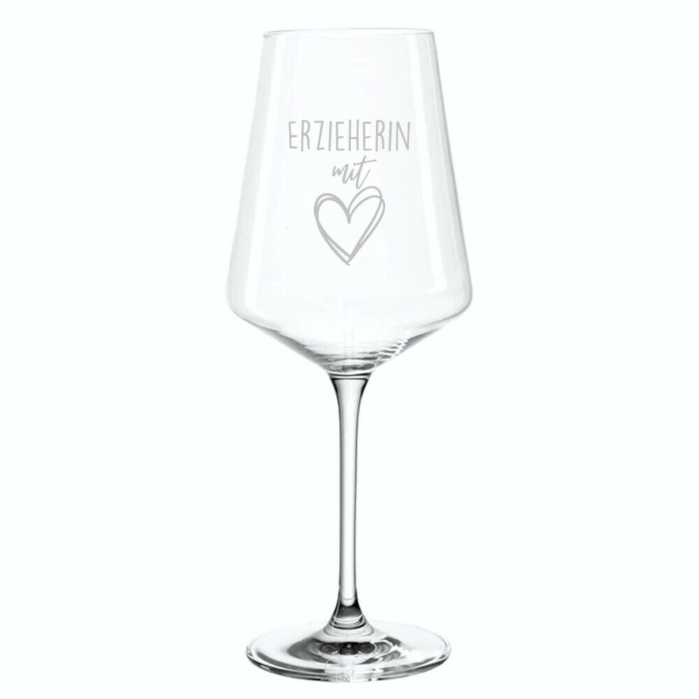 Weinglas mit gelasertem Spruch „Erzieherin mit Herz“ als Geschenk für Erzieherinnen und Erzieher | Pädagogikkram