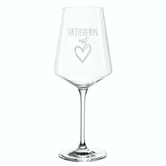 Weinglas mit gelasertem Spruch „Erzieherin mit Herz“ als Geschenk für Erzieherinnen und Erzieher | Pädagogikkram